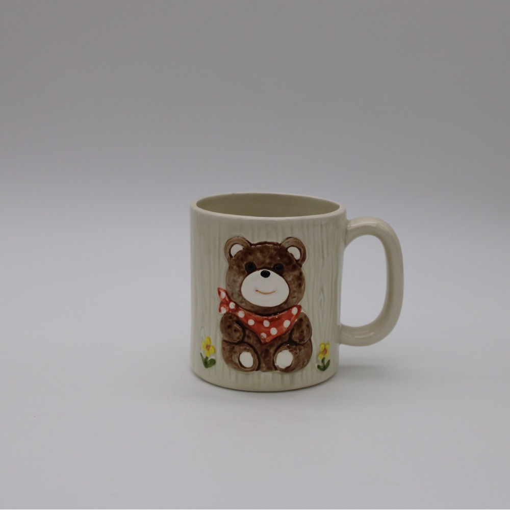 OTAGIRI Vintage 3D Embossed Teddy Bear 10oz Coffee Mug Bear With Bandanna 1983